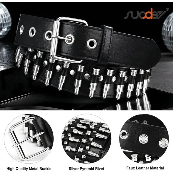 Black Studded Belt Silver Metal Grommet Punk Rock Style for Men Women - Picture 4 of 8